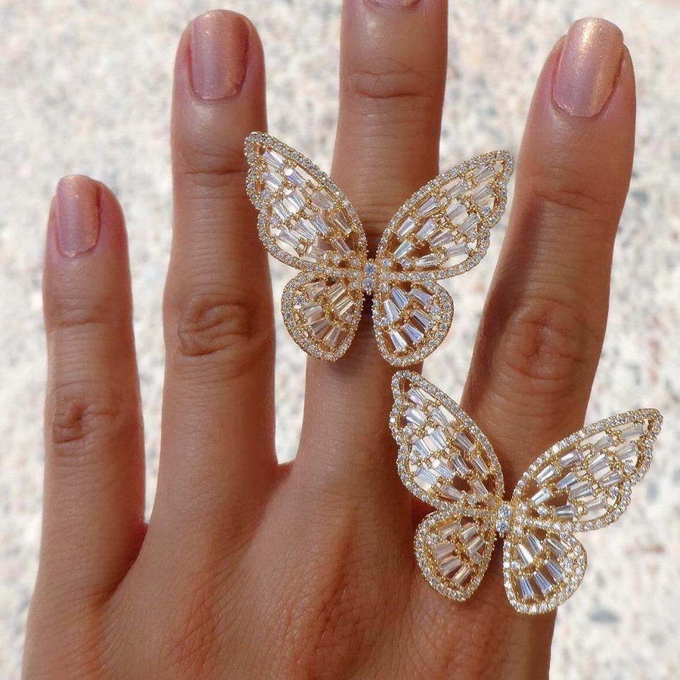 Wedding Rings rainbow colorful cz paved cute animal butterfly finger ring pastel color Open adjustable women Knuckle midi resizable jewelry 230713