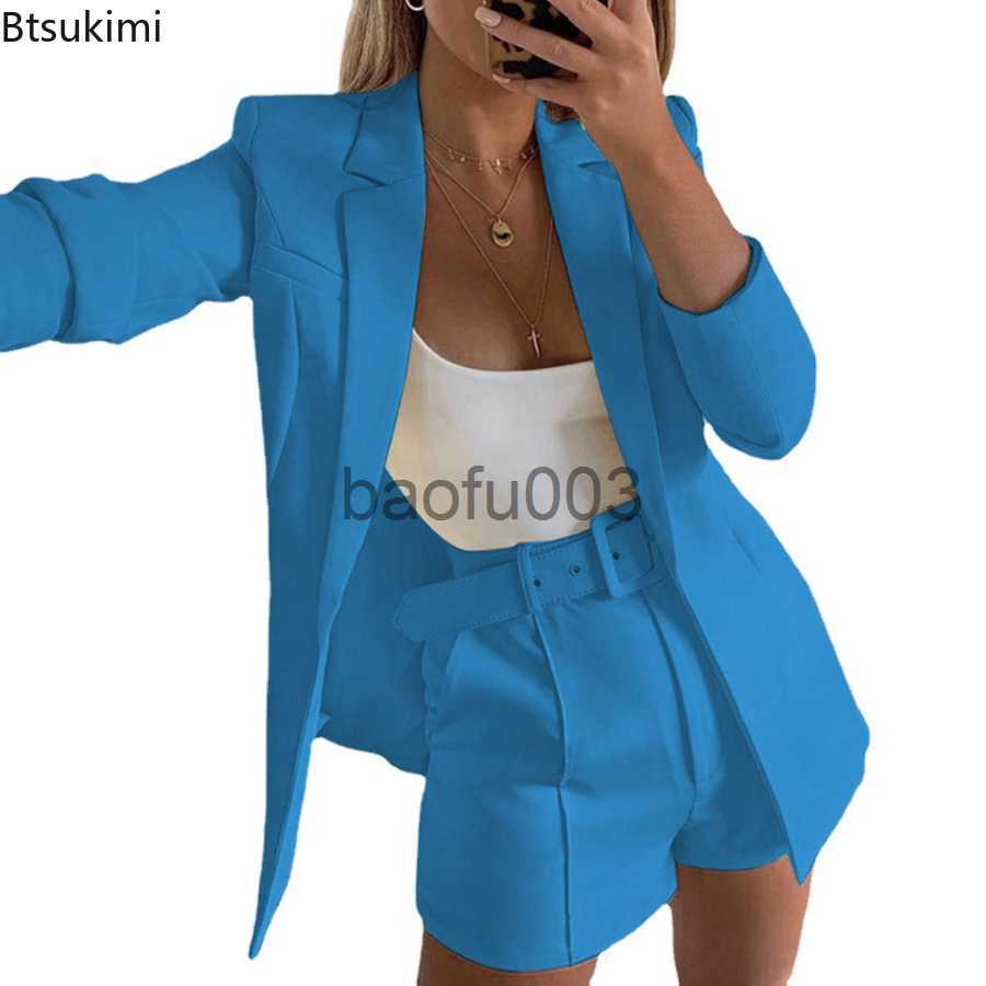 Women's Two Piece Pants Spring Summer Women Long Sleeve Cardigan Blazer Shorts Solid Lady Two Piece Blazer Suit Women Office Sets Casual Blazers 