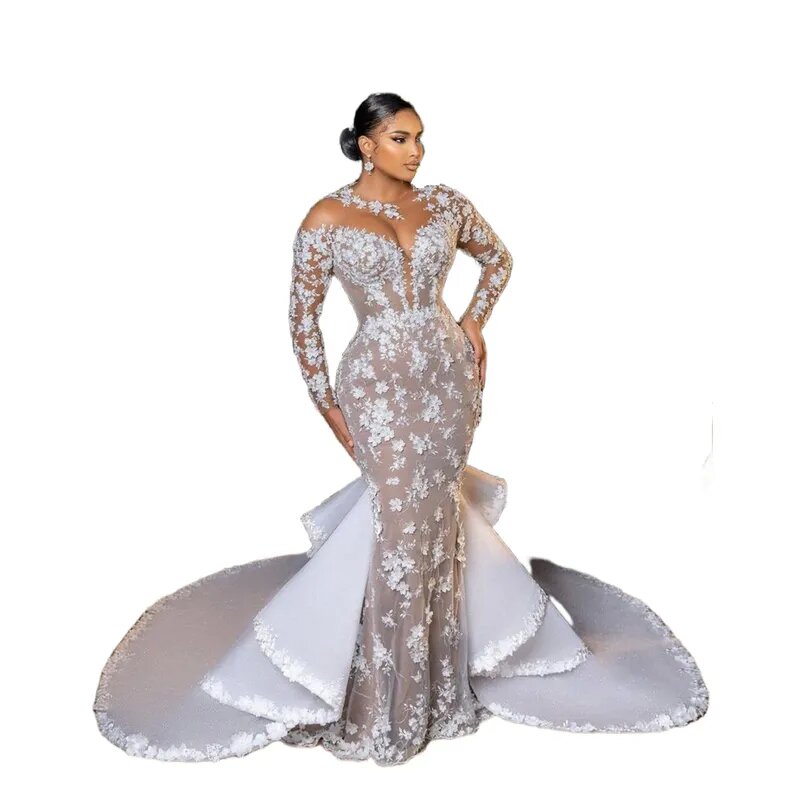 African 3D Floral Lace Mermaid Wedding Dresses With Detachbale Train Plus Size Long Sleeve Bridal Gowns Custom Made Luxury Robe De Mariage