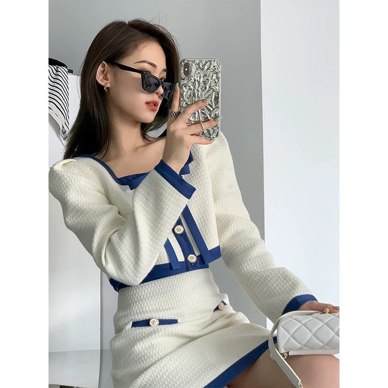 Womens square collar color block bow patched long sleeve high waist tweed woolen coat and skirt twinset 2 pc dress suit SML