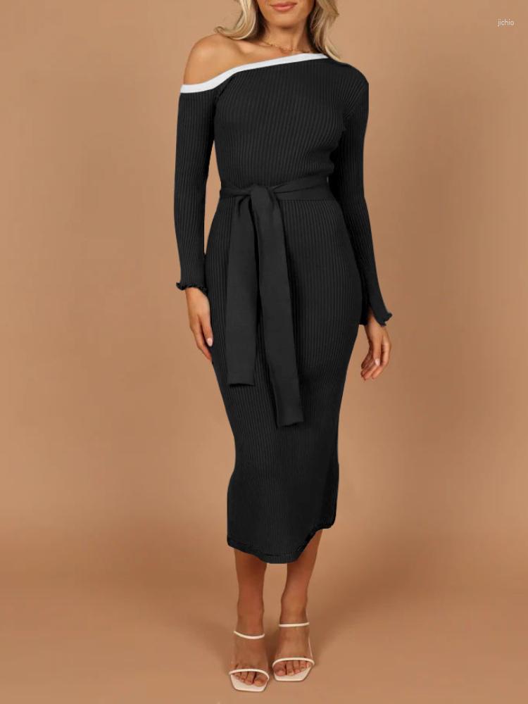 Casual Dresses Sexy Slim Elastic Knitted Women Long Sleeve Diagonal Collar Dress Autumn Winter Solid Prom Party Vestidos