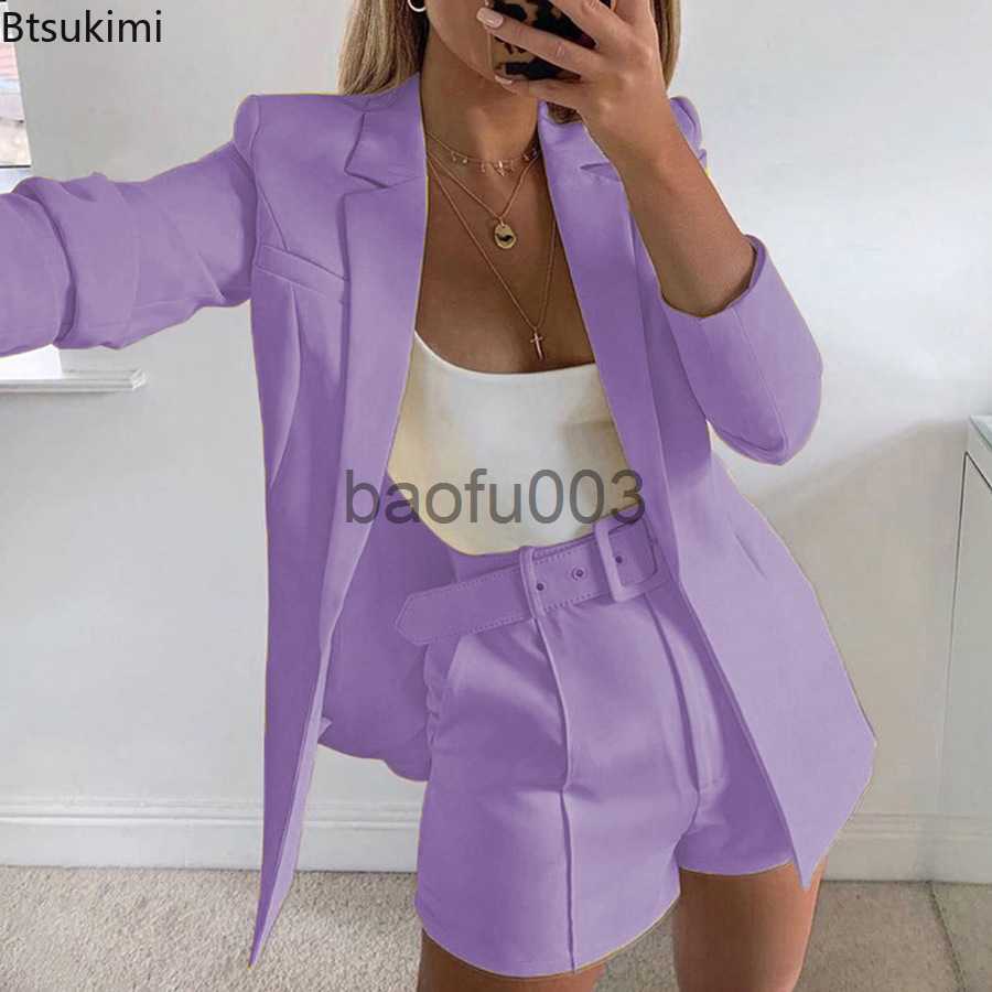 Women's Two Piece Pants Spring Summer Women Long Sleeve Cardigan Blazer Shorts Solid Lady Two Piece Blazer Suit Women Office Sets Casual Blazers 
