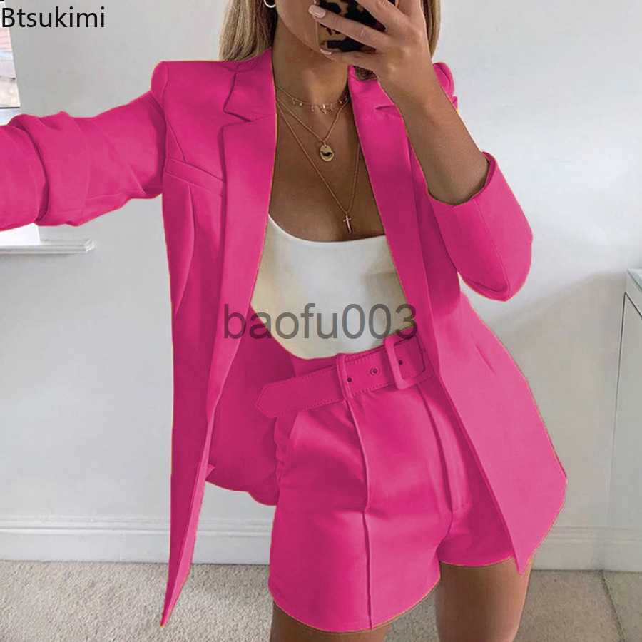 Women's Two Piece Pants Spring Summer Women Long Sleeve Cardigan Blazer Shorts Solid Lady Two Piece Blazer Suit Women Office Sets Casual Blazers 