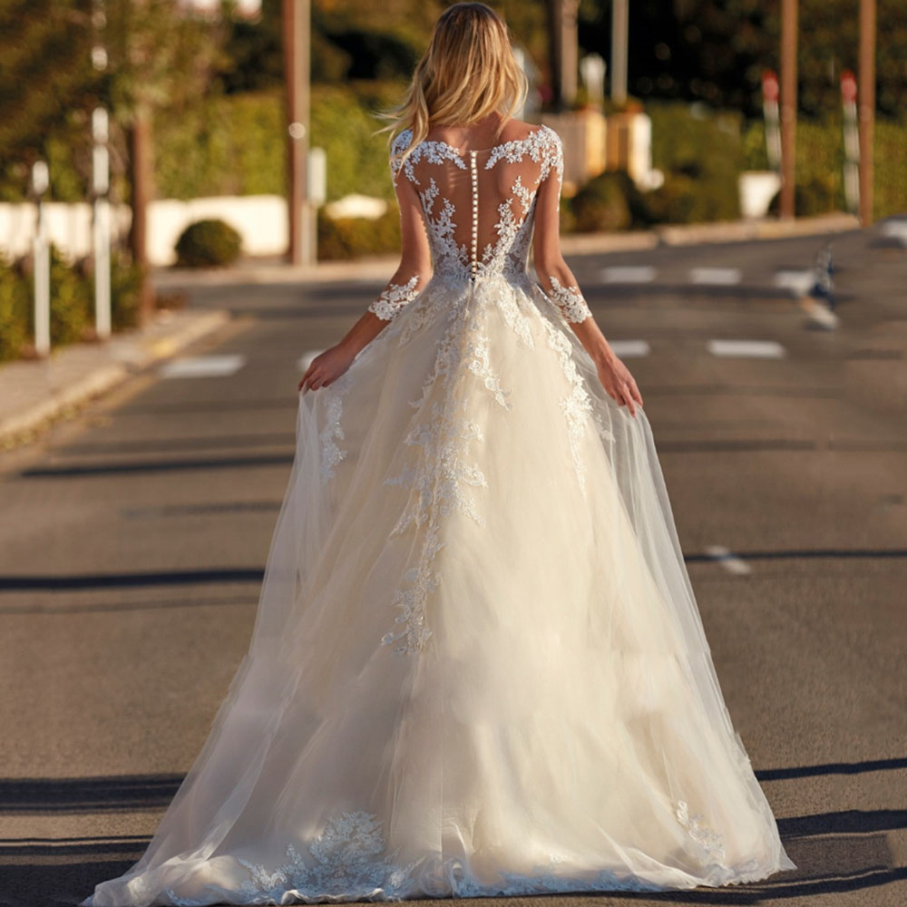 Elegant 3/4 Sleeve A Line Wedding Dresses Sheer Neck Button Back Bridal Gown with Lace Appliques Puffy Ivory Bride Dress