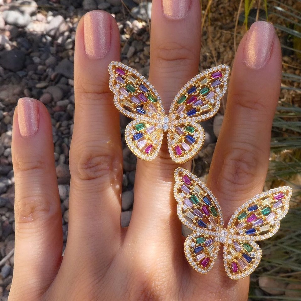 Wedding Rings rainbow colorful cz paved cute animal butterfly finger ring pastel color Open adjustable women Knuckle midi resizable jewelry 230713