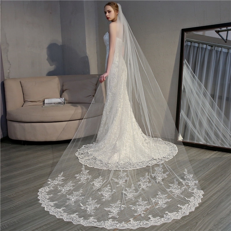 Wedding Hair Jewelry Arrival White Ivory Wedding veils Lace Appliques Cathedral Bridal veil Veu de noiva Voile mariage Wedding accessories Wesele 2307