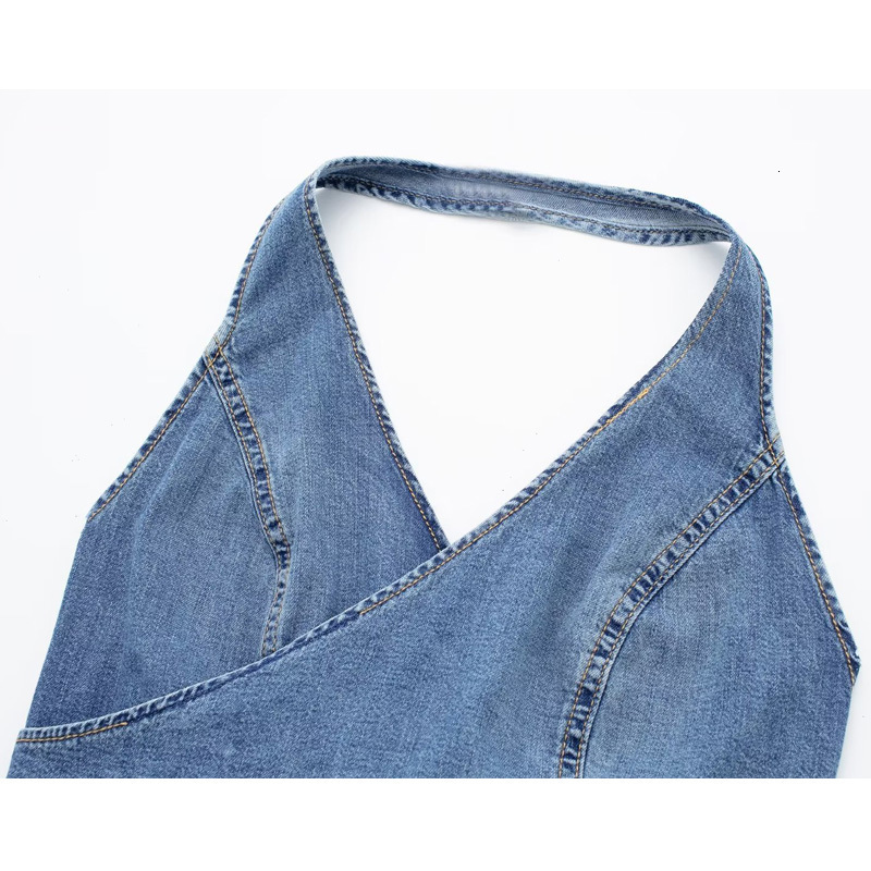 Women's Tanks Camis TRAF Womens Top Denim Crop Top Women Off Shoulder Blue Halter Top Streetwear Backless Sexy Tops Woman Party Night Jeans Tops 