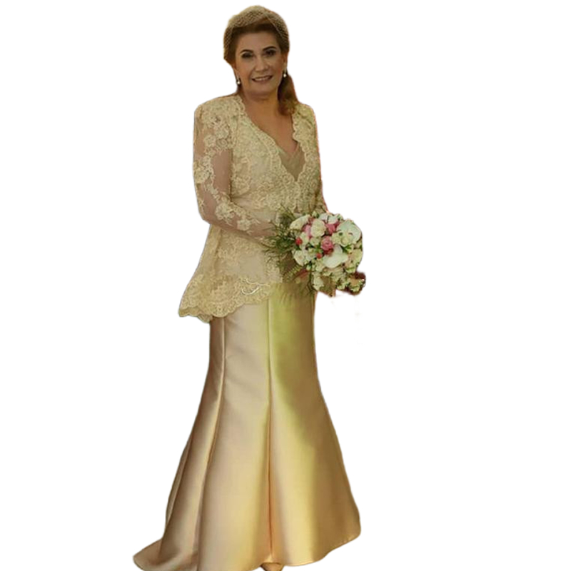 Elegant Gold Mermaid Mother Of The Bride Dresses Lace Appliques Long Sleeves V-Neck Groom Mom Wedding Party Gowns Guest Formal Wear Plus Size Evening 