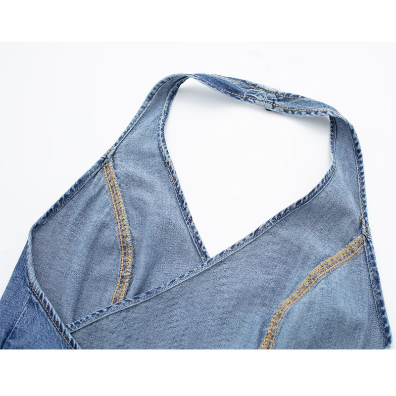 Women's Tanks Camis TRAF Womens Top Denim Crop Top Women Off Shoulder Blue Halter Top Streetwear Backless Sexy Tops Woman Party Night Jeans Tops 