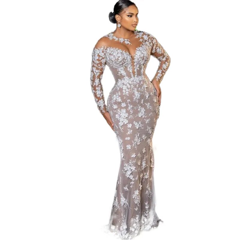 African 3D Floral Lace Mermaid Wedding Dresses With Detachbale Train Plus Size Long Sleeve Bridal Gowns Custom Made Luxury Robe De Mariage