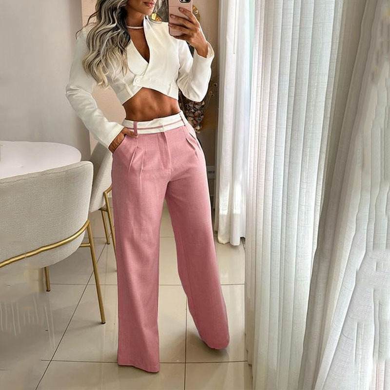 Women's Two Piece Pants Waytobele Women Set Fashion Solid Long Sleeve Lapel V Neck High Single Button Short Top Loose With Pockets Sets 230712
