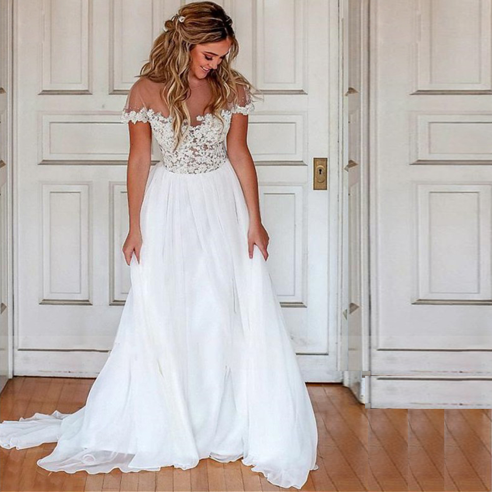 Chiffon Wedding White Dresses Scoop Neck Cap Sleeve Beaded Bridal Gown V Cut Back Boho Robe De Mariee