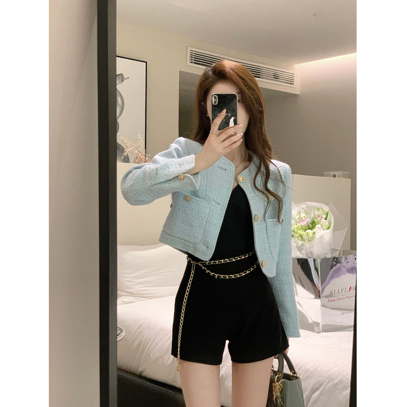 Womens autumn blue color o-neck long sleeve tweed woolen high waist short jacket coat XSSMLXL