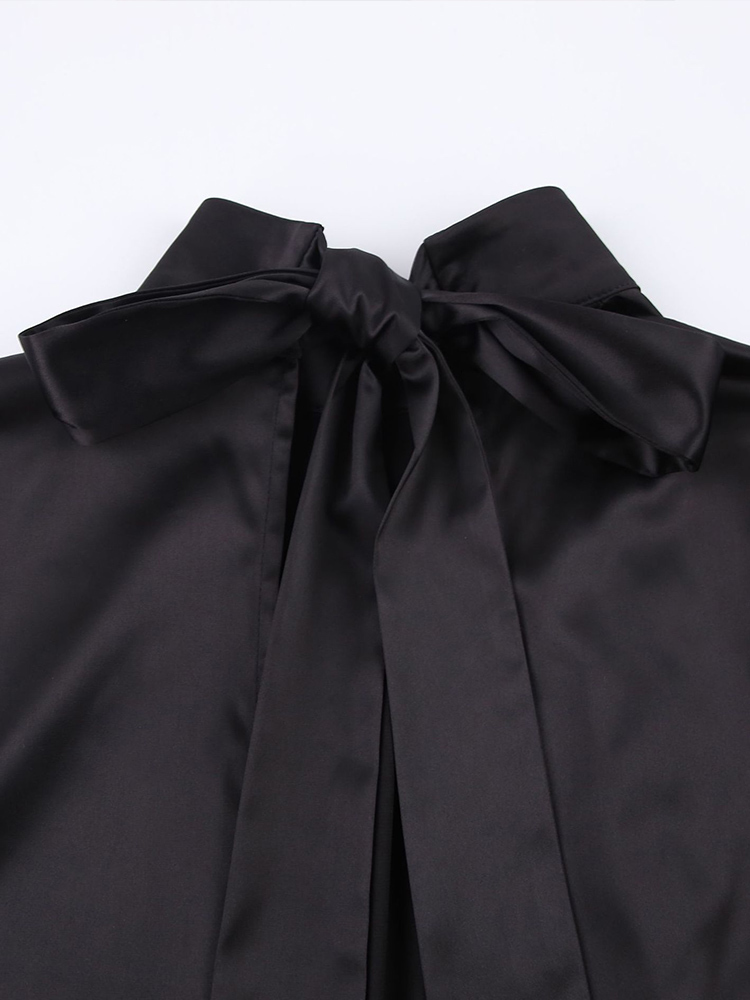 Urban Sexy Dresses Satin Dress Elegant Back Tie Up Bow Turtleneck A line Skirt Women Office Party Elastic Waist Mini 230713