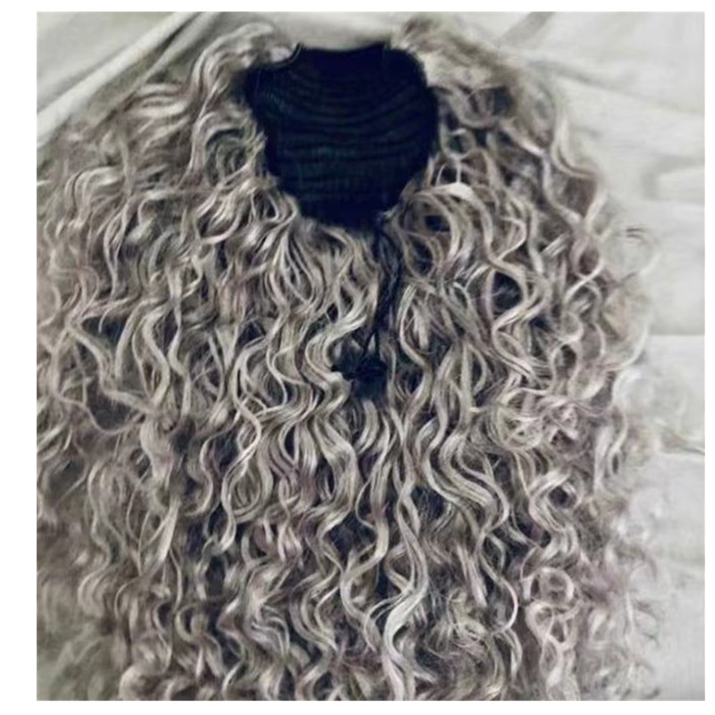 Raw Grey burmese kinky curly gray blonde drawstring human hair ponytail extension puff bun updo chignon women pony tail hairpiece 120g clip ins