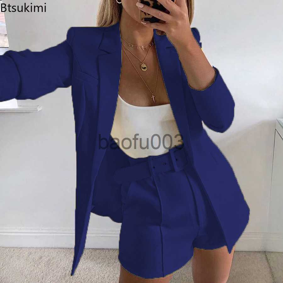 Women's Two Piece Pants Spring Summer Women Long Sleeve Cardigan Blazer Shorts Solid Lady Two Piece Blazer Suit Women Office Sets Casual Blazers 