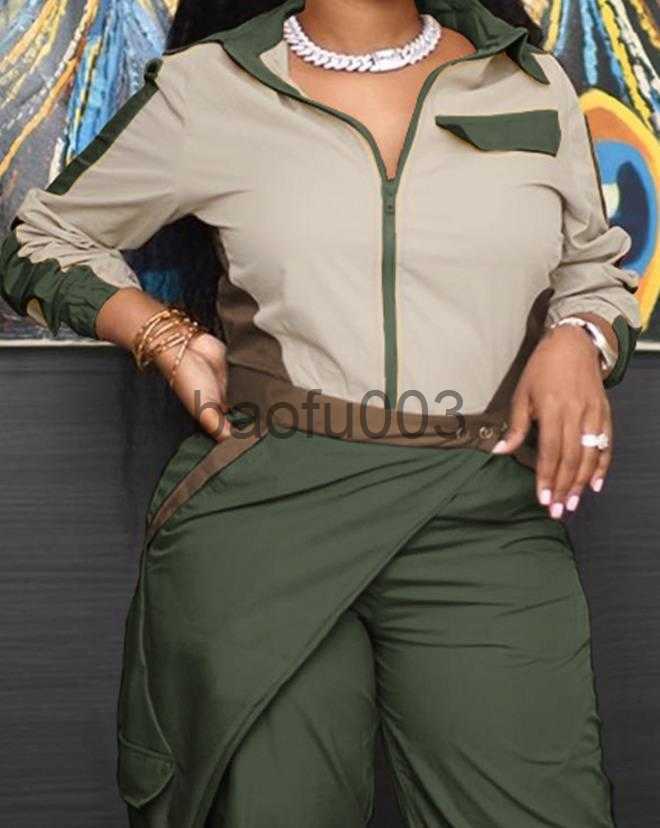 Womens Two Piece Pants Dome Cameras Womens Two Peice Sets Elegant Zipper Design Colorblock Coat Asymmetrical Wrap Long Pants Set New Fashion 2023 Summ