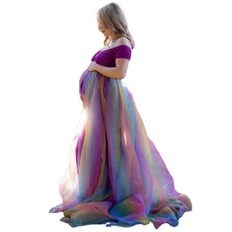 Spring/Summer Women's Maternity Rainbow Mesh Dress Long Skirt Sweet Dress for Pregnant Women's Photo-taking Commemorative L230712