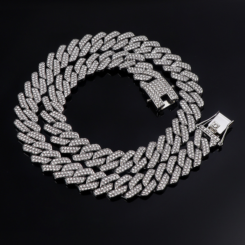 40cm Silver Rhombus Full Inlaid Rhinestone Vintage Hip-hop Cuban Chain Necklace