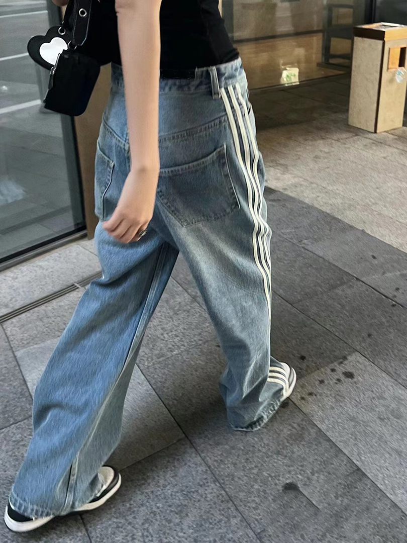 Men's Jeans Washed Jeans for Men Blue Pants Washed Straight Denim Jeans Loose Fit Striped Baggy Wide Leg Flared Jeans Men Streetwear