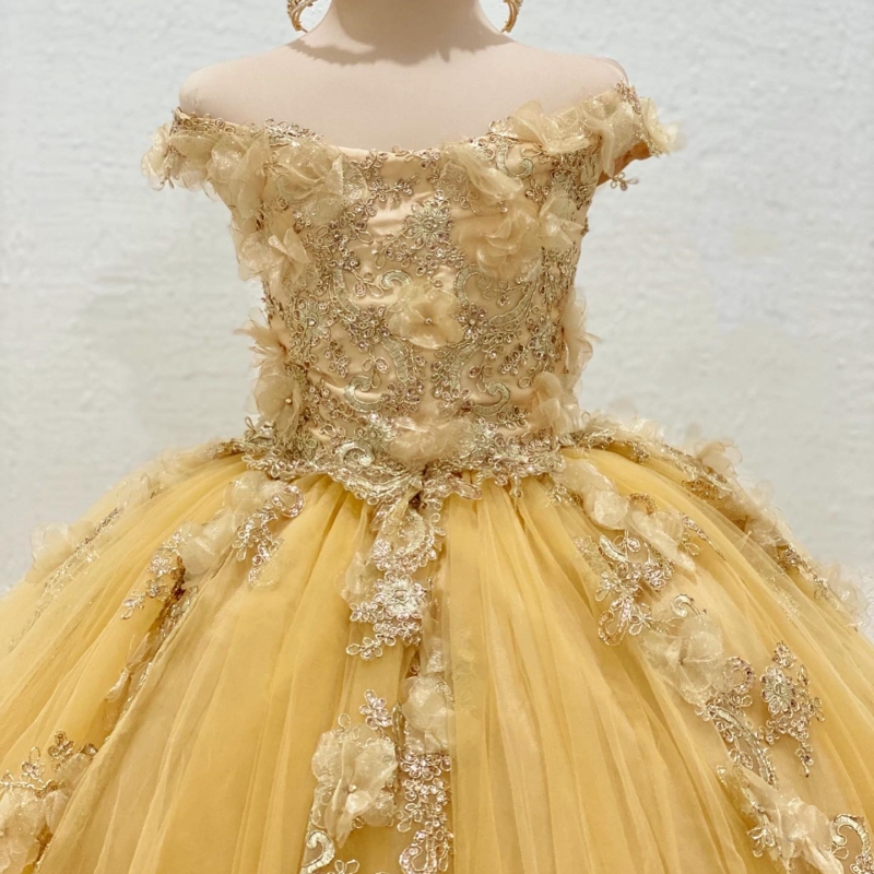Yellow Vestido De 15 Anos Princess 3DFlower Girls Dress Applique Lace Tull Off Shoulder Mexican Child Dress Bead First Communion