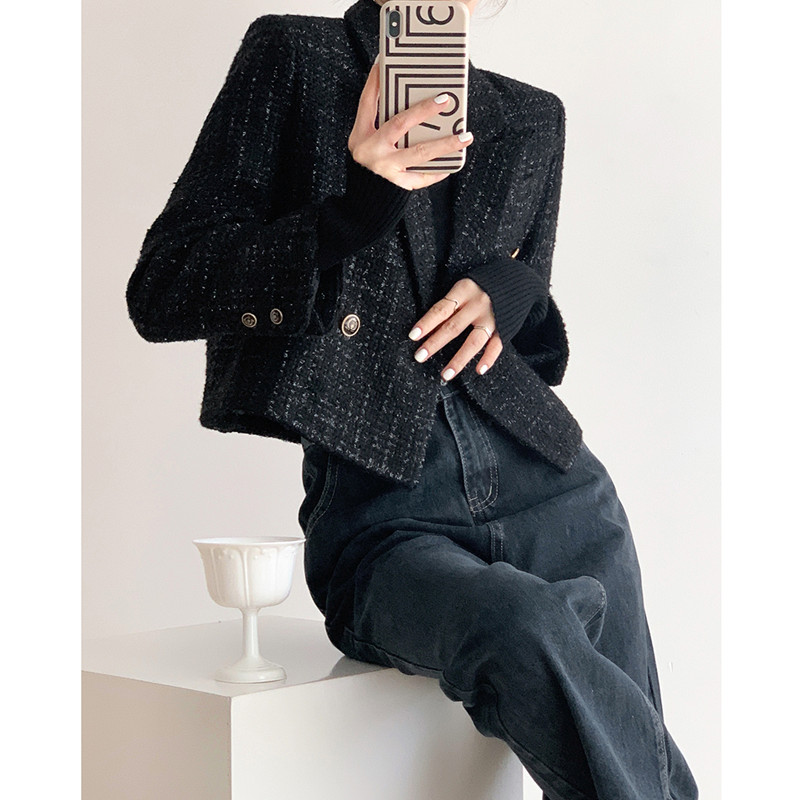 Womens autumn turn down collar black long sleeve tweed woolen blazer jacket coat XSSMLXL