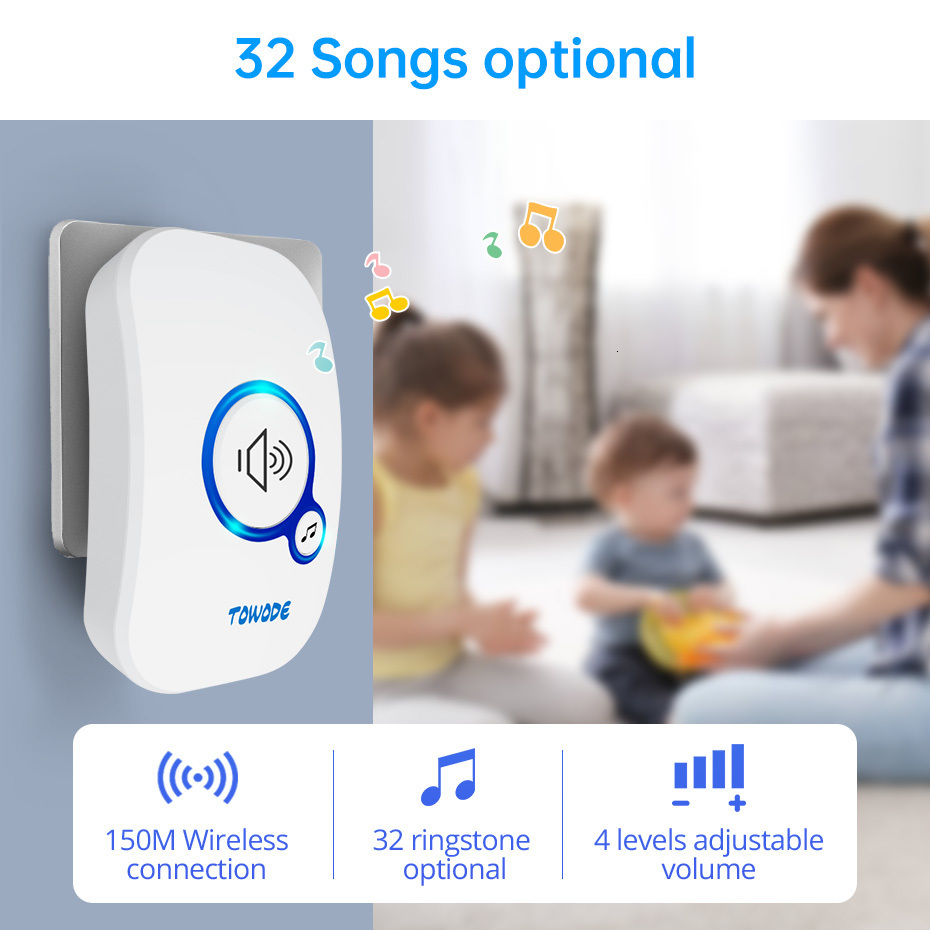 Doorbells TOWODE Home Wireless Doorbell 433Mhz Welcome Friend Smart 150Meters Long Distance 32 Songs 4 Level Volumes Door Chimes 230712