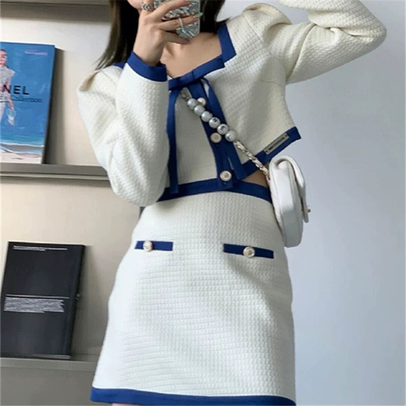 Womens square collar color block bow patched long sleeve high waist tweed woolen coat and skirt twinset 2 pc dress suit SML