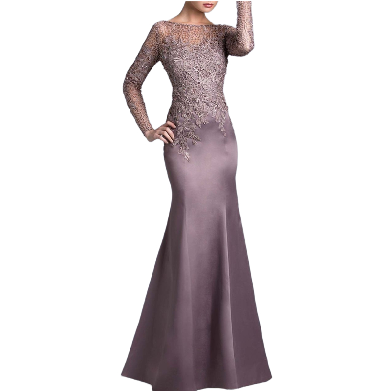 Elegant Long Sleeves Mother Of The Bride Dresses Lace Appliques Satin Floor Length Mermaid Wedding Guest Party Gowns Chic Groom Mom Prom Formal Evenin