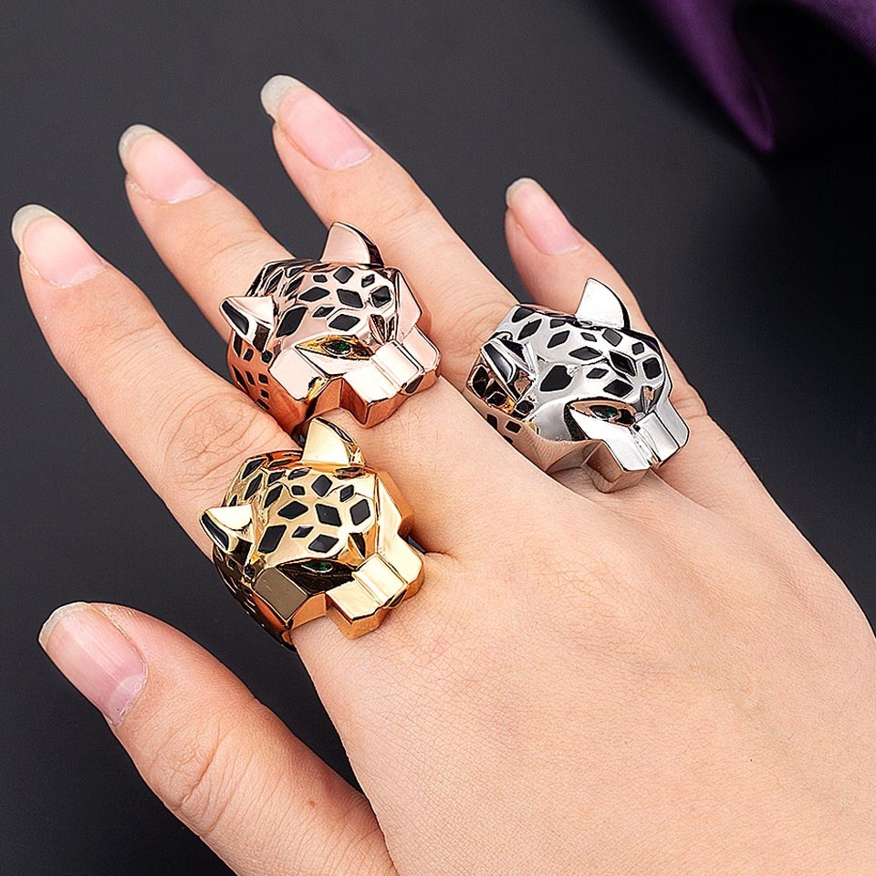 Wedding Rings Elegant with Rhodium Rose Gold Plating Leopard Statement Ring Featuring Green Zircon Eyes 4