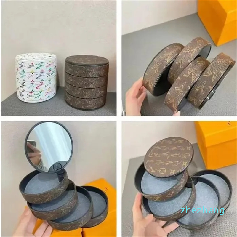 2023-Leather designer jewelry storage with mirror party favor 4 layers compartments rotating letter earring necklace ring organization case