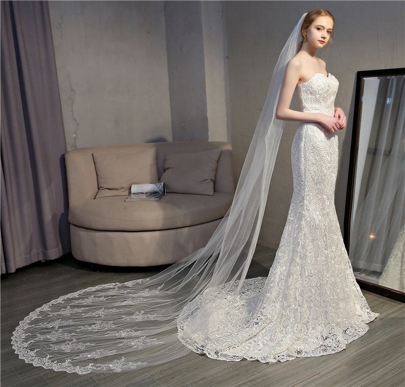 Wedding Hair Jewelry Arrival White Ivory Wedding veils Lace Appliques Cathedral Bridal veil Veu de noiva Voile mariage Wedding accessories Wesele 2307