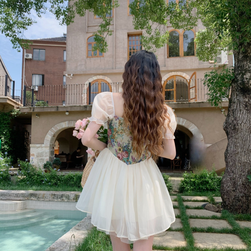 Urban Sexy Dresses INSCUTEE Cottagecore Sweet Princess Dress Women Y2k Vintage Sweet Cute Puff Sleeve Floral Print Patchwork Bandage Corset Dress 2307