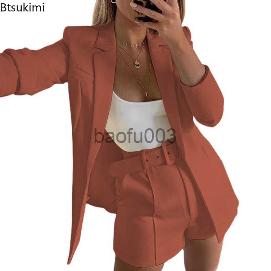 Women's Two Piece Pants Spring Summer Women Long Sleeve Cardigan Blazer Shorts Solid Lady Two Piece Blazer Suit Women Office Sets Casual Blazers 