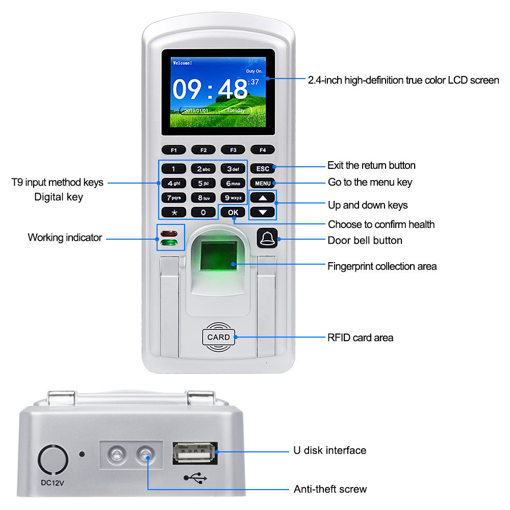 Recognition System RFID Fingerprint Access Control TCP IP Biometric Time Attendance Machine Employee Check in Recorder 2 4inch USB Realand 230712