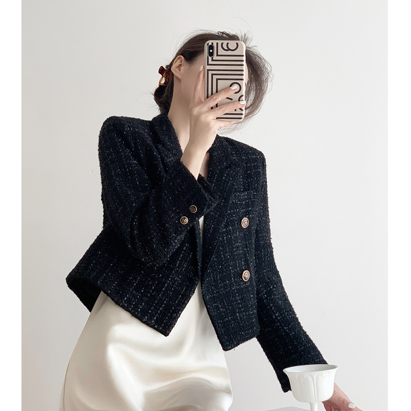 Womens autumn turn down collar black long sleeve tweed woolen blazer jacket coat XSSMLXL