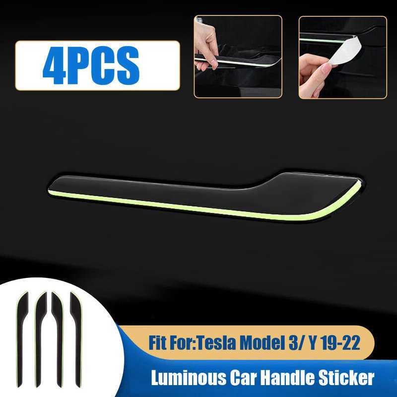 4Pcs Luminous Car Door Handle Protector Stickers Door Handle Anti Scratch Decor Strip Accessories for Tesla Model 3/ Y 2019-2022