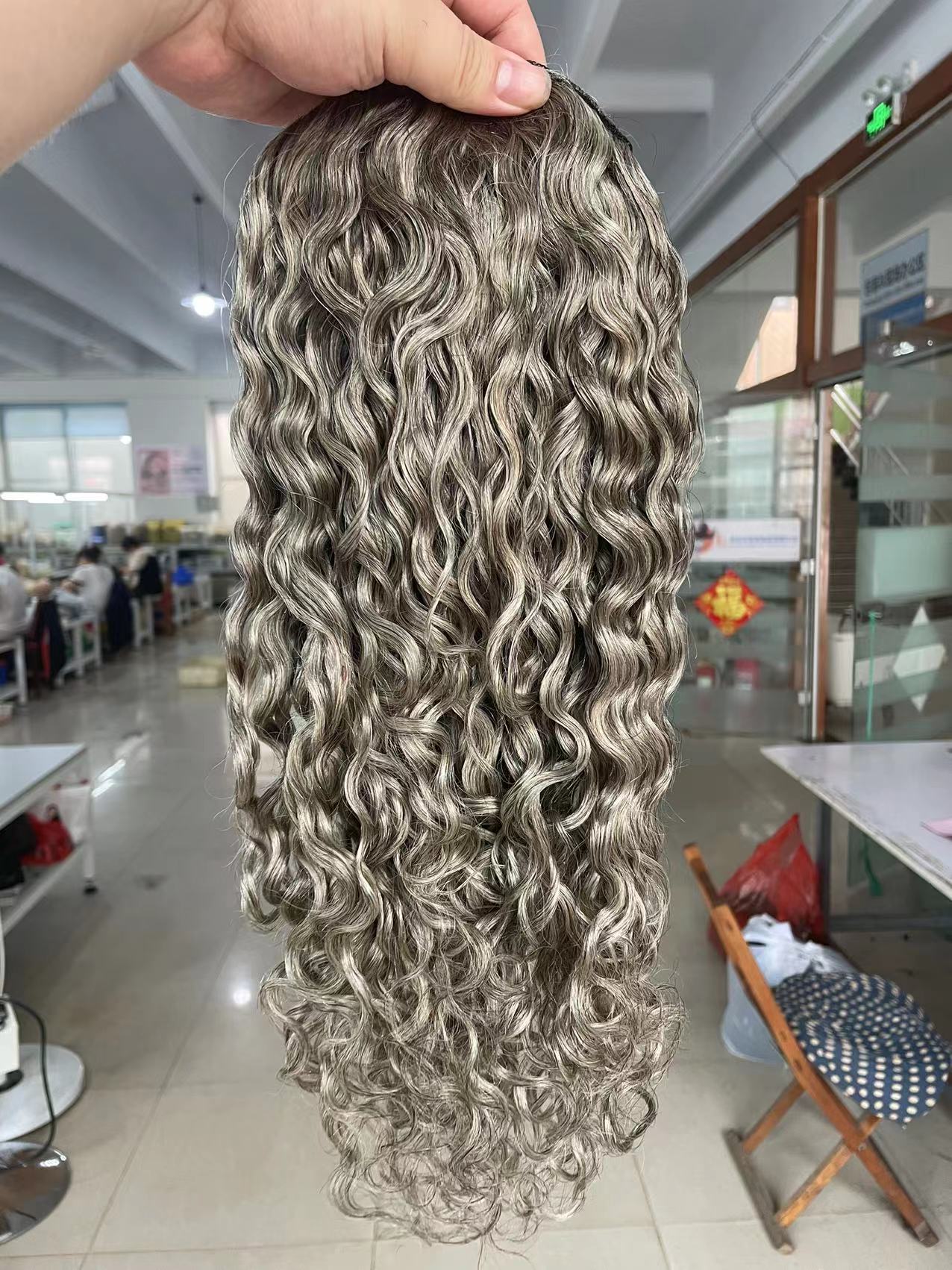 Raw Grey burmese kinky curly gray blonde drawstring human hair ponytail extension puff bun updo chignon women pony tail hairpiece 120g clip ins