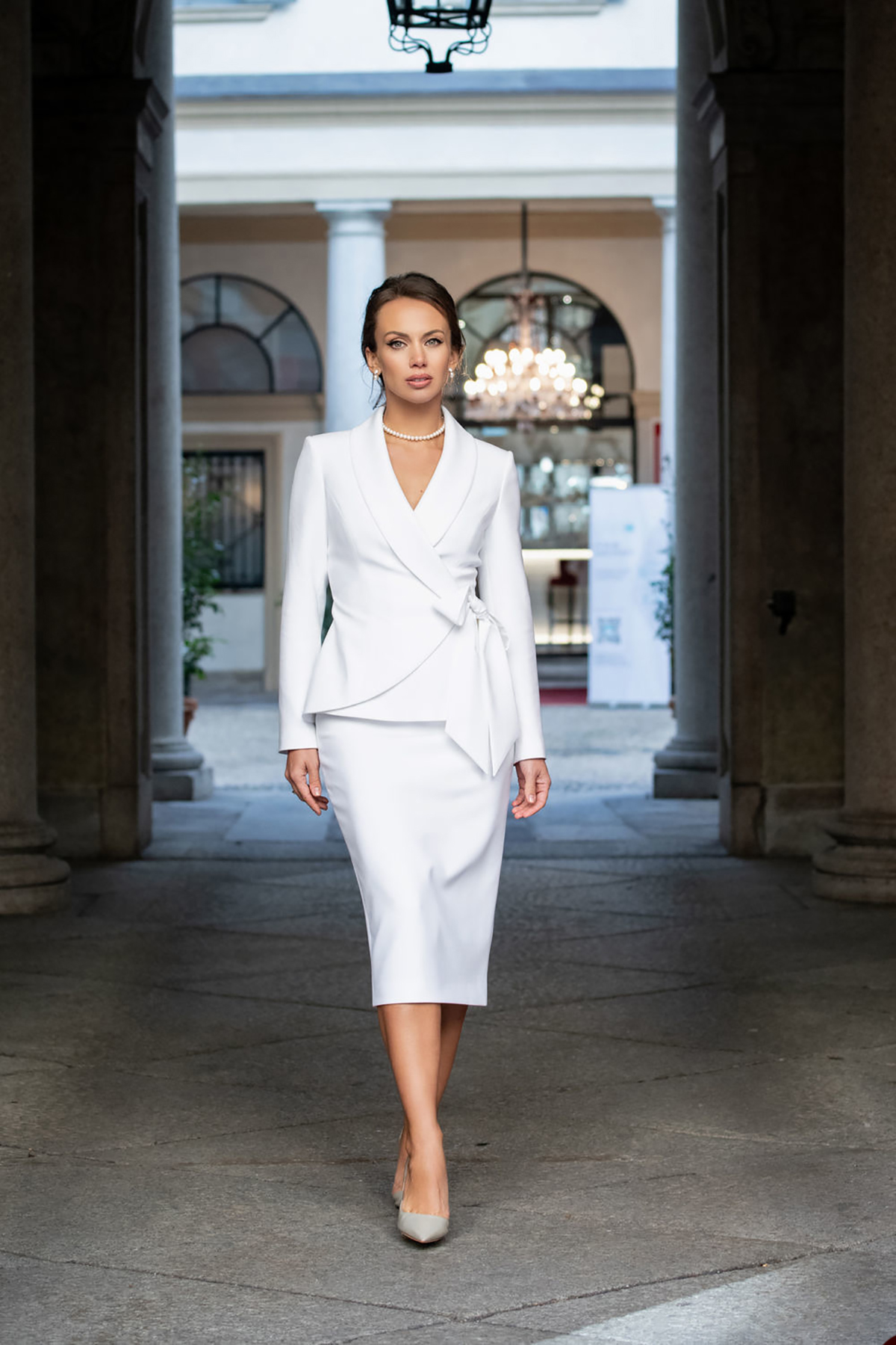 White Women Wedding Blazer Suits V Neck Pleats Belt Evening Party Ladies Skirt Loose 2 Pieces Jacket And Dress