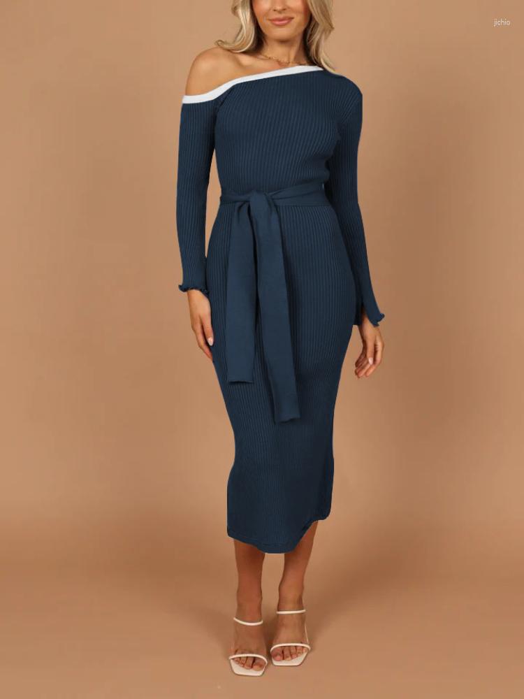 Casual Dresses Sexy Slim Elastic Knitted Women Long Sleeve Diagonal Collar Dress Autumn Winter Solid Prom Party Vestidos