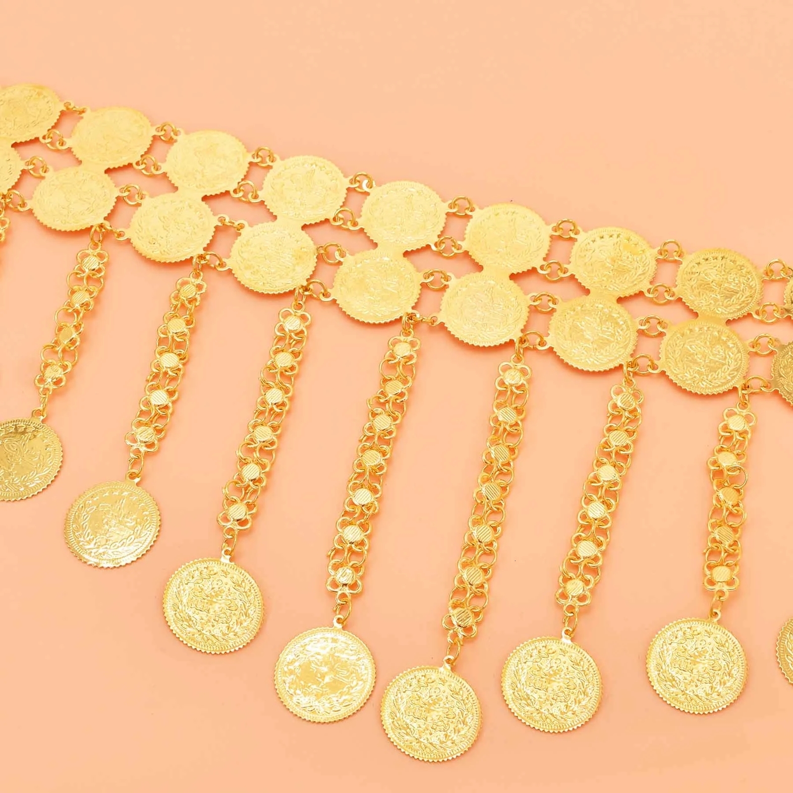 Navel Bell Button Rings Golden Double Layer Coins Long Chain Pendant Body Jewelry Belly Chains Arab Turkey Kurdish Indian Folk Costume Belts for Women