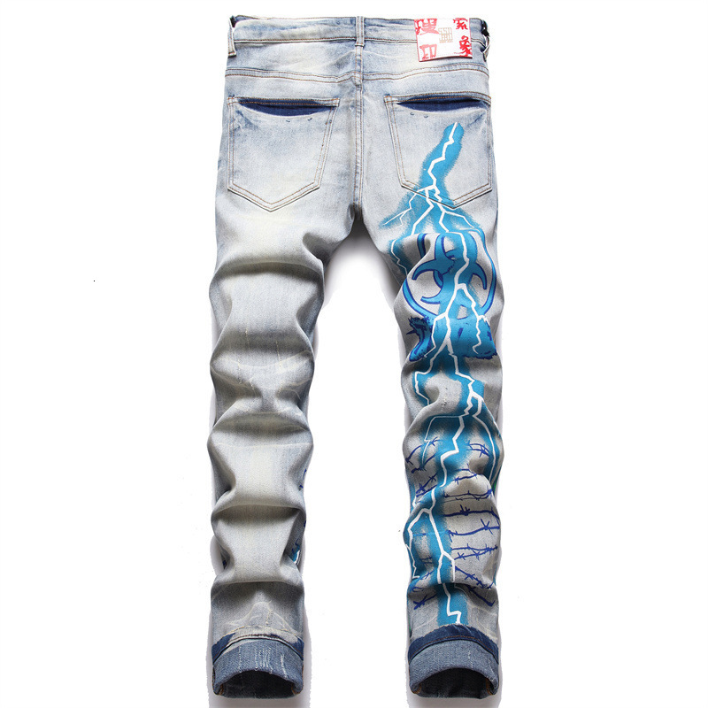 Mens Jeans Men Print Streetwear Letters Lightning Painted Stretch Denim Pants Vintage Blue Ripped Buttons Fly Slim Tapered Trousers 230712