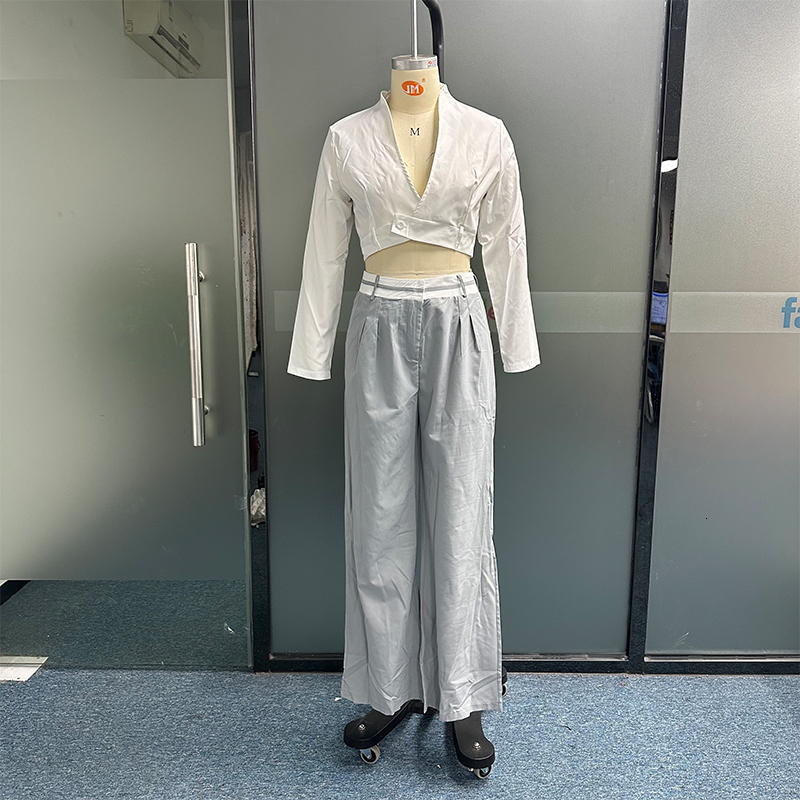 Women's Two Piece Pants Waytobele Women Set Fashion Solid Long Sleeve Lapel V Neck High Single Button Short Top Loose With Pockets Sets 230712