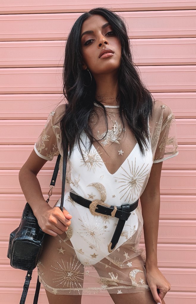 Urban Sexy Dresses Casual Dress Womens Gold Sequin Moon Star Print Mesh Mini Dress Bikini Cover Up Summer Sexy Short Sleeve Dress Clubwear 230713