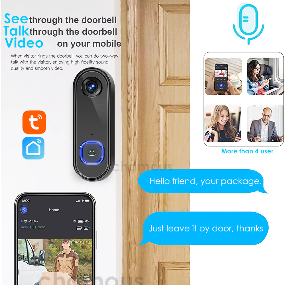 Doorbells TUYA Video Doorbell WiFi Wireless Outdoor Door Bell Camera AC DC Power 1080P Phone Waterproof IP65 Alexa Google Home 230712
