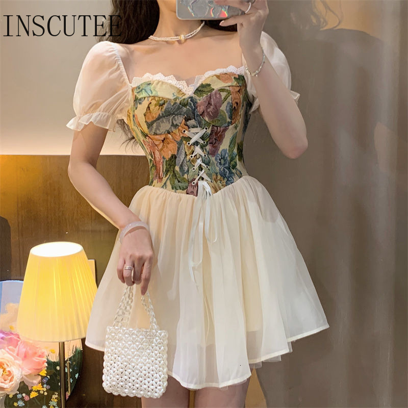 Urban Sexy Dresses INSCUTEE Cottagecore Sweet Princess Dress Women Y2k Vintage Sweet Cute Puff Sleeve Floral Print Patchwork Bandage Corset Dress 2307