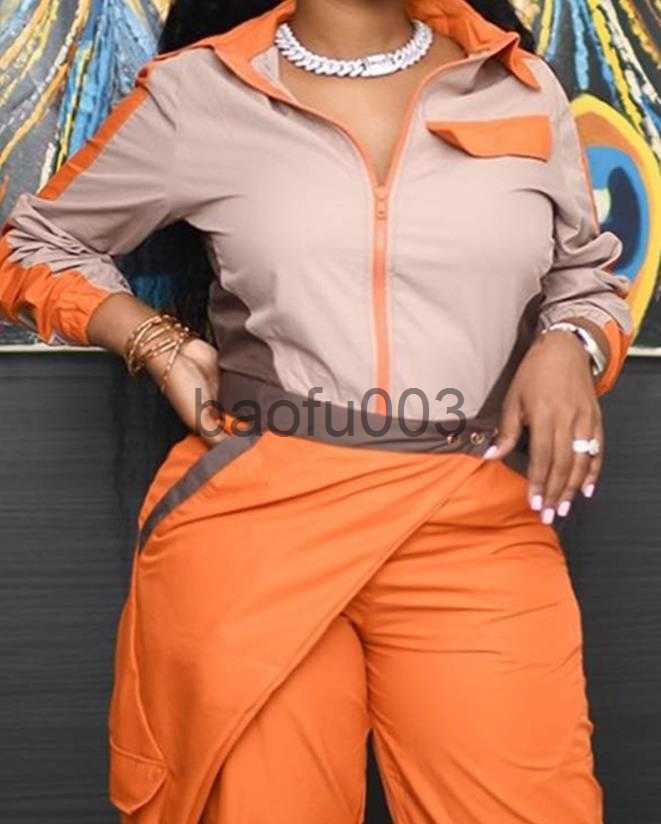 Womens Two Piece Pants Dome Cameras Womens Two Peice Sets Elegant Zipper Design Colorblock Coat Asymmetrical Wrap Long Pants Set New Fashion 2023 Summ