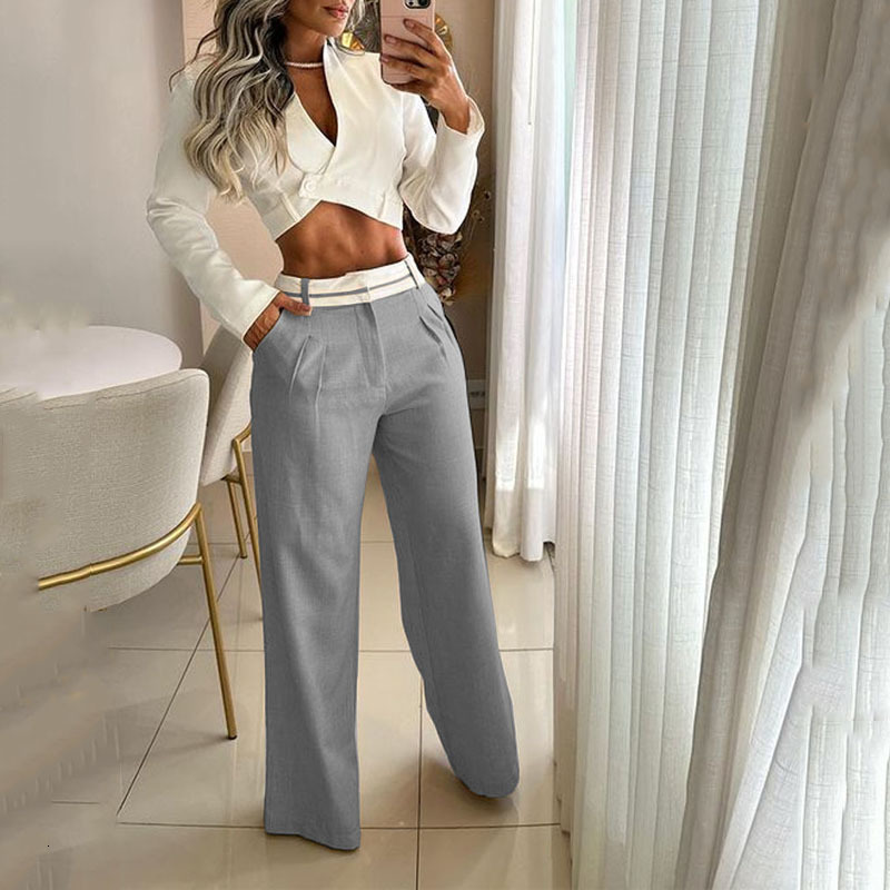 Women's Two Piece Pants Waytobele Women Set Fashion Solid Long Sleeve Lapel V Neck High Single Button Short Top Loose With Pockets Sets 230712