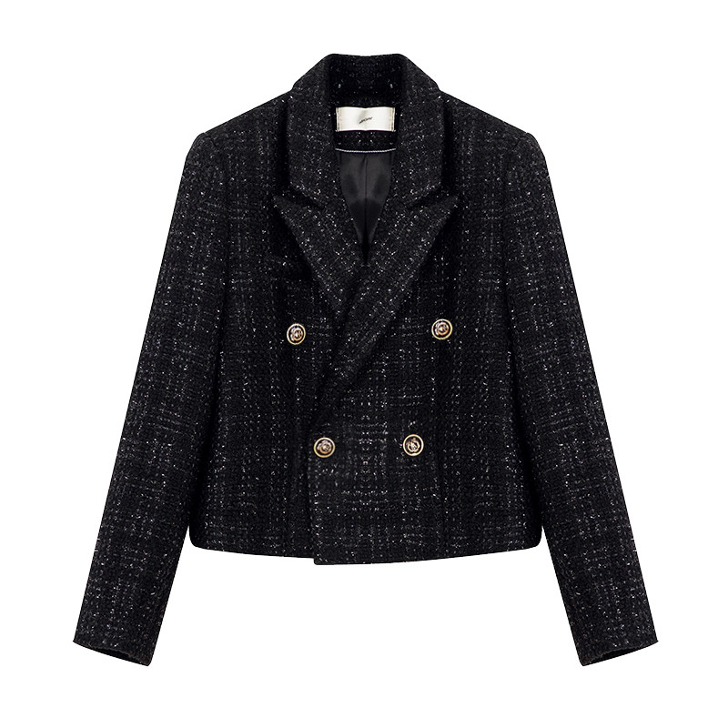 Womens autumn turn down collar black long sleeve tweed woolen blazer jacket coat XSSMLXL