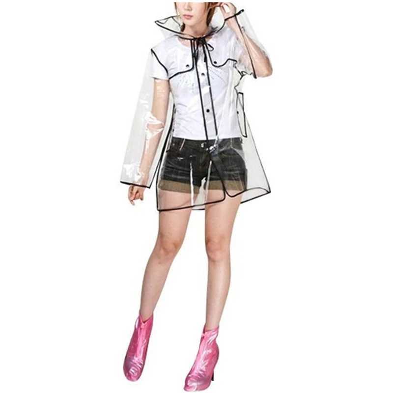 1pc Black Transparent Vinyl Raincoat Runway Style Womens Girls Clear Fashion Rain Coat L230620